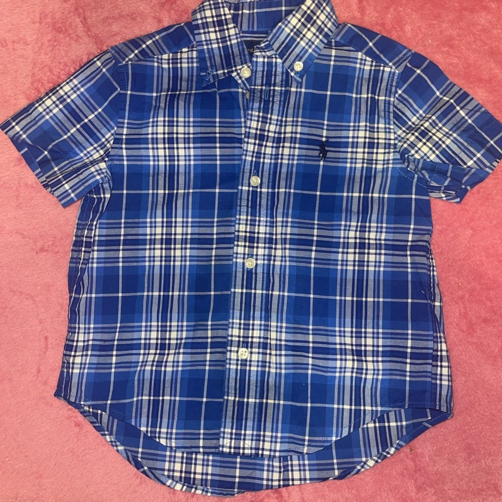 Ralph Lauren Boys' Polo Button-Down Shirt, Short Sleeve, White/Blue Size 2T